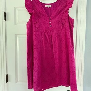 LOFT Hot Pink Fuchsia Eyelet Sundress Sleeveless Ruffle Sleeve XL